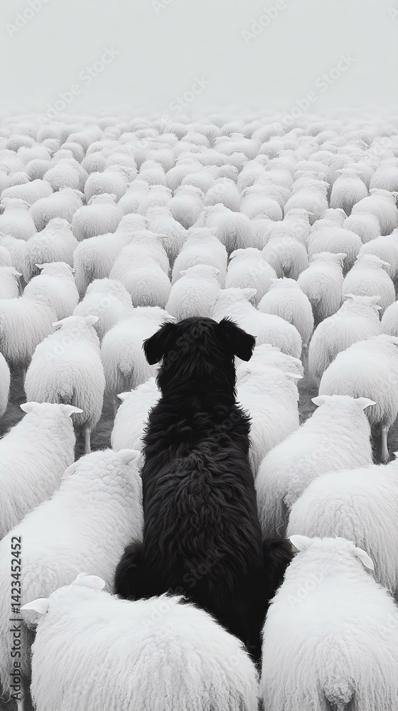 Obraz premium A black dog observing a large flock of white sheep in a foggy landscape, showcasing the bond between herding dogs and livestock.