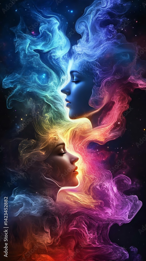 Fototapeta premium A stunning digital artwork featuring ethereal faces surrounded by vibrant, swirling colors and cosmic elements, representing beauty and mystery.