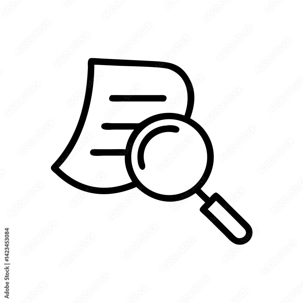 Magnifying glass examining a document with lines and shapes Magnifying glass examining a document with lines and shapes
