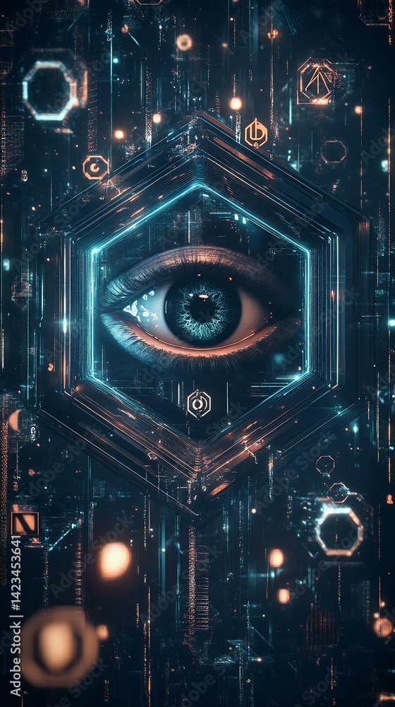 Fototapeta premium An eye surrounded by intricate digital patterns and glowing hexagons, evoking themes of technology and surveillance in a cyberpunk aesthetic.