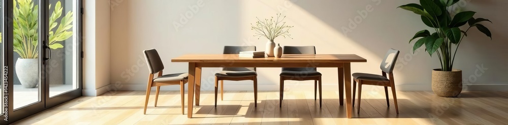 Elegant wooden dining table with chairs in bright space, style, wooden Elegant wooden dining table with chairs in bright space, style, wooden