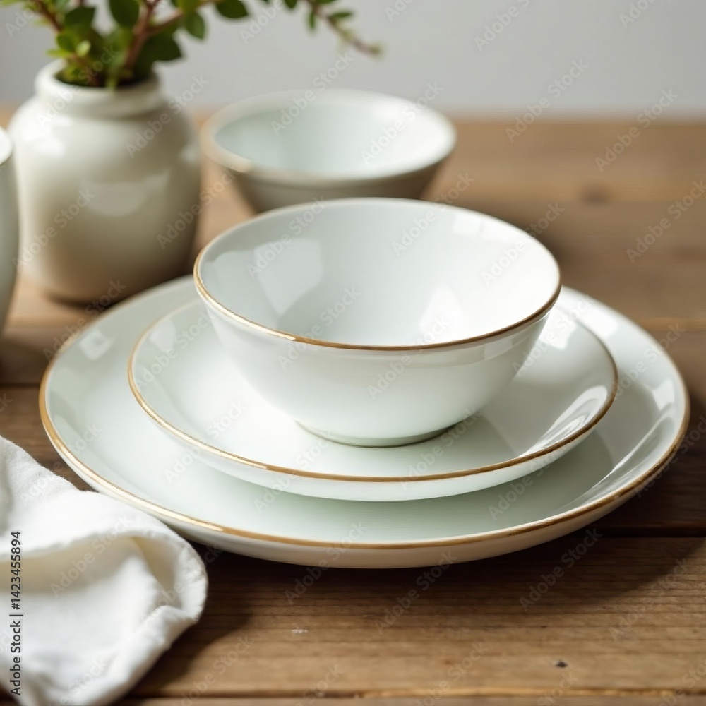 Elegant white porcelain dinnerware set on rustic wooden table, porcelain, timeless, wooden Elegant white porcelain dinnerware set on rustic wooden table, porcelain, timeless, wooden