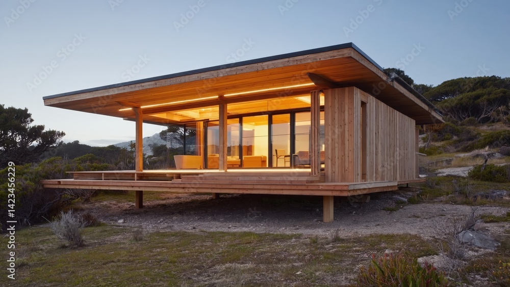 A sleek, modern wooden cabin nestled in a rocky wilderness setting. The structure features warm interior lighting and is built with sustainable construction methods. A sleek, modern wooden cabin nestled in a rocky wilderness setting. The structure features warm interior lighting and is built with sustainable construction methods.