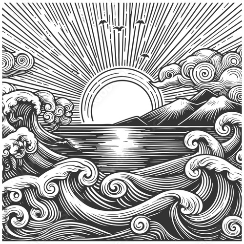 ocean waves with a setting sun and starry sky in the background sketch engraving generative ai vector illustration. Scratch board imitation. Black and white image.