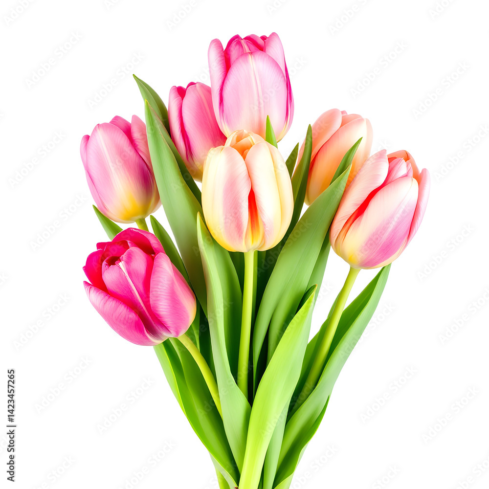 Fototapeta premium Bunch of Pink Tulips Isolated on White Background Floral Arrangement