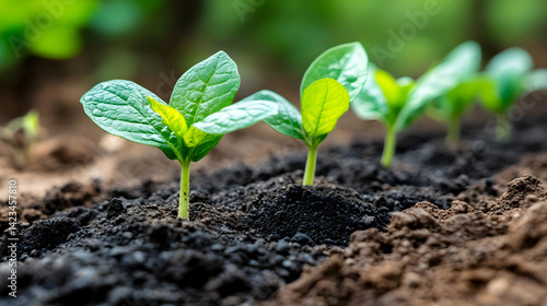 Vibrant Green Seedlings Emerging from Dark Soil