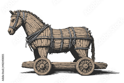 Trojan horse color sketch engraving vector illustration. Horse wooden figure. Scratch board style imitation. Hand drawn image.