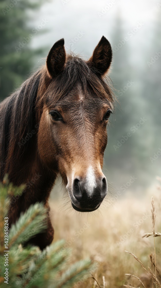Brown horse closely observed in a serene misty landscape surrounded by tall grasses and trees during early morning light Brown horse closely observed in a serene misty landscape surrounded by tall grasses and trees during early morning light