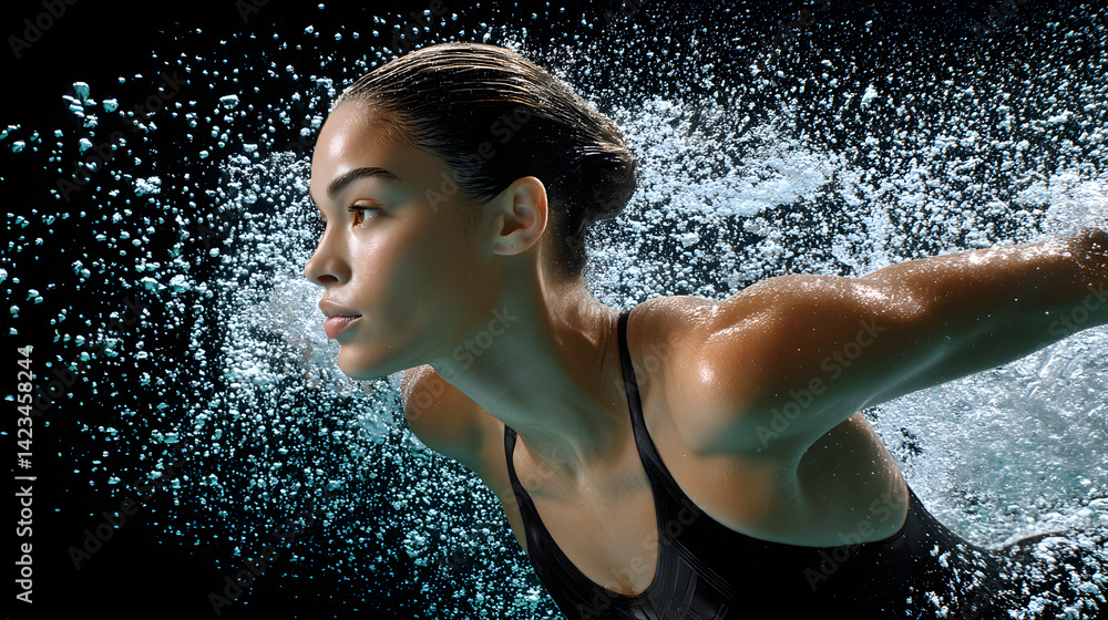 Obraz premium Female swimmer in streamlined dive pose, water droplets frozen mid-air