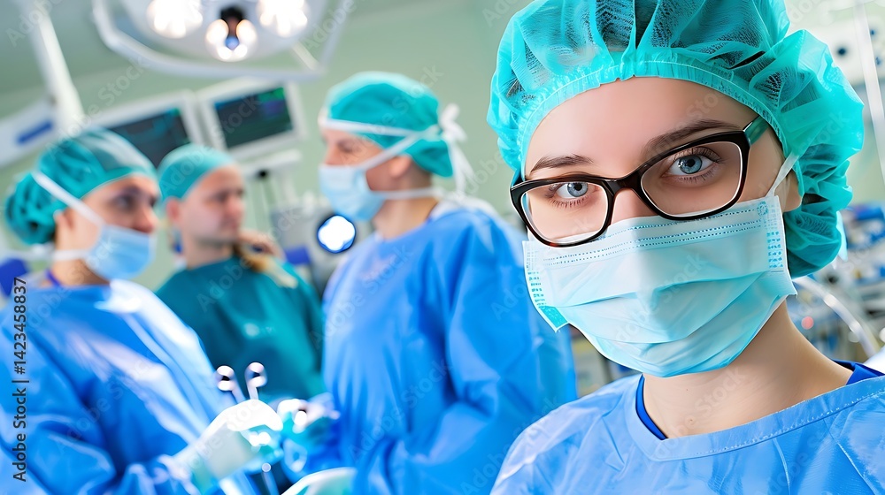 Focused surgical team member with protective gear in a hospital operating room Focused surgical team member with protective gear in a hospital operating room