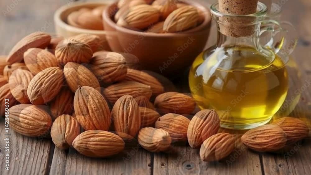 Wooden bowl of almonds with small bottle of oil
Wooden bowl of almonds with small bottle of oil