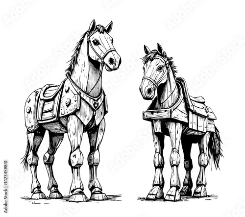 Trojan horse sketch engraving vector illustration. line drawing Horse wooden figure. Scratch board style imitation. Hand drawn image.