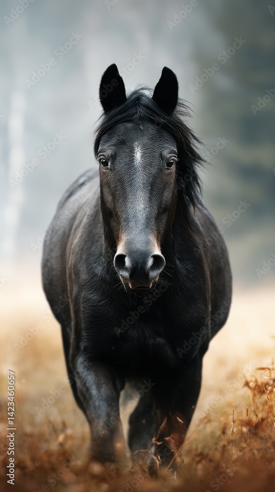 Black horse runs through a misty field in early morning light among tall grass and softly blurred trees in the background Black horse runs through a misty field in early morning light among tall grass and softly blurred trees in the background