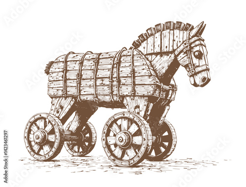 Trojan horse sketch engraving vector illustration. line drawing Horse wooden figure. Scratch board style imitation. Hand drawn image.