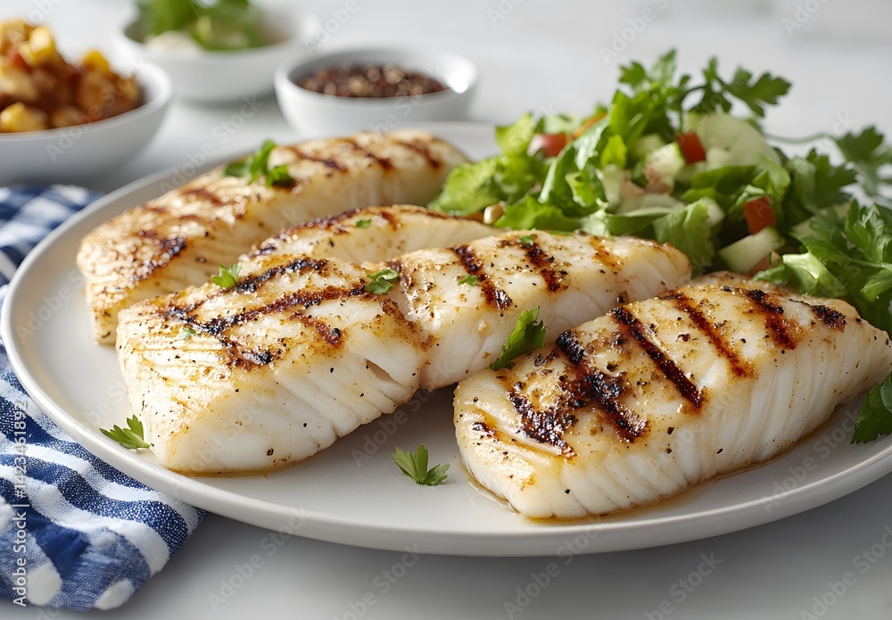 Grilled halibut fillets with fresh green salad and lemon dressing on a plate Grilled halibut fillets with fresh green salad and lemon dressing on a plate