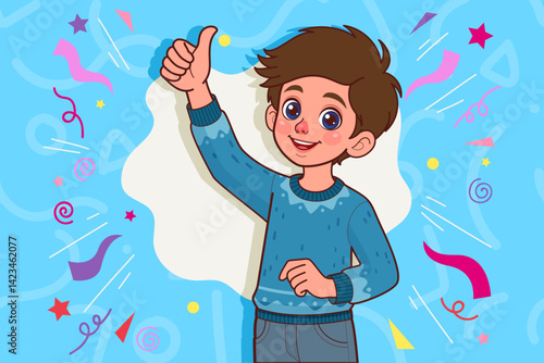 Cartoon boy isolated smiling and raising thumb up. Hand drawn style. Vector drawing.