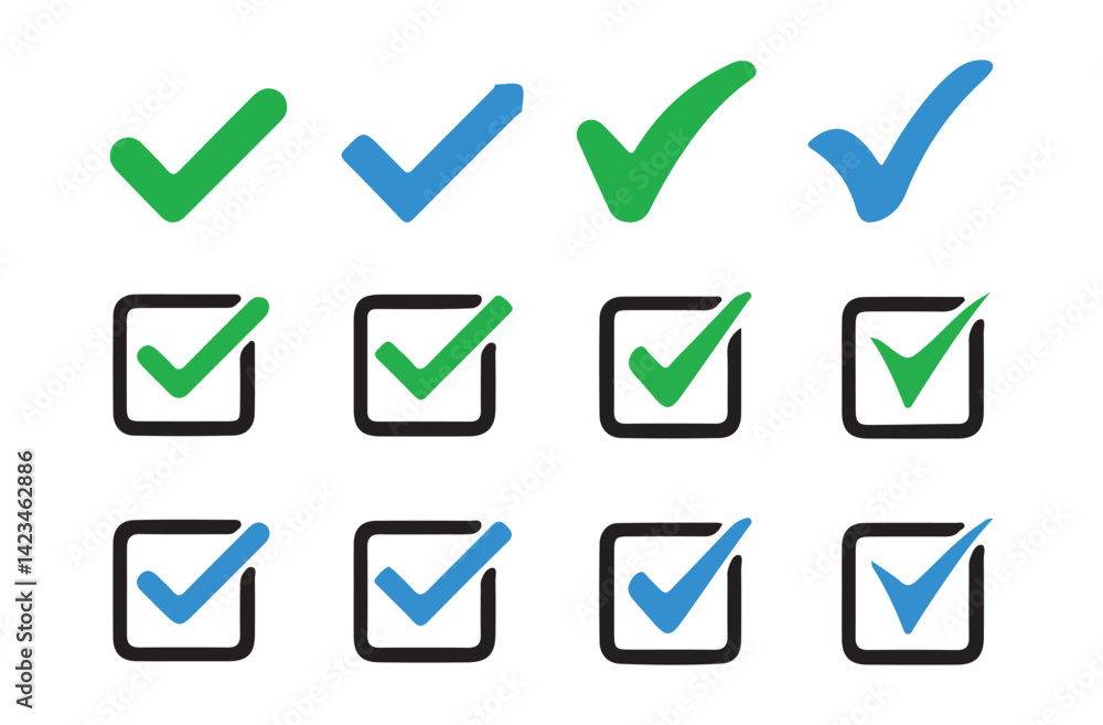 Check marks big collection. Tick icon. Check marks different shape, isolated. Vector symbols set ,green checkmark. Vector illustration eps 10. Check marks big collection. Tick icon. Check marks different shape, isolated. Vector symbols set ,green checkmark. Vector illustration eps 10.