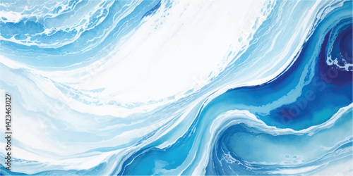 Blue and white abstract wave pattern with oceanic fluid motion. Ideal for presentation slides, packaging, graphic design, wallpapers, and calming digital artwork.

