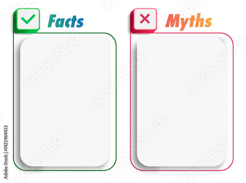 Facts and myths vector frame template trendy style isolated on white background. Fact checking or easy compare evidence 10 eps