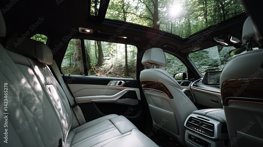 Rear View of Luxury White Car Interior Featuring Panoramic Sunroof and Premium Leather Seats in Bright Natural Light Rear View of Luxury White Car Interior Featuring Panoramic Sunroof and Premium Leather Seats in Bright Natural Light