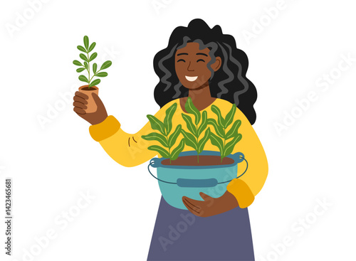 Gardening, spring and ecology concept. Farmer woman holding seedlings isolated on white. Vector flat clipart.