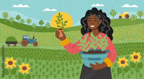 Sustainable and regenerative gardening concept. Nature spring farm background. Farmer woman holding seedlings. Vector flat hand drawn banner.