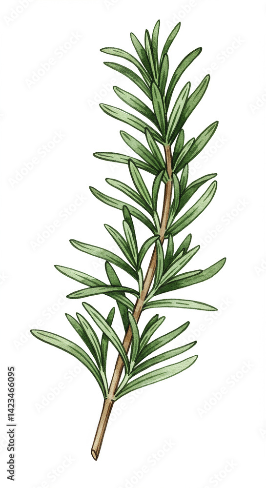 Fototapeta premium Hand-drawn rosemary sprig on white background, created in a simple and natural style