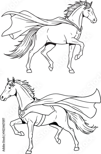 Illustration of a horse line art, wearing a super hero cape