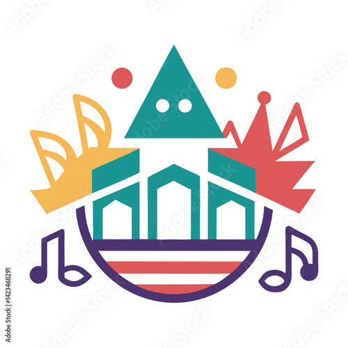 Minimalist logo design celebrating music festival wit featuring geometric shapes and vibrant colors