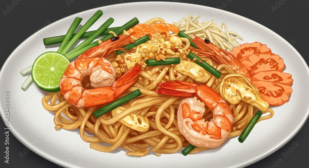 Highly appetizing anime style illustration of Pad Thai. Exaggerated glossiness on noodles and shrimp, perfectly arranged toppings with vibrant, saturated colors and clean outlines Highly appetizing anime style illustration of Pad Thai. Exaggerated glossiness on noodles and shrimp, perfectly arranged toppings with vibrant, saturated colors and clean outlines
