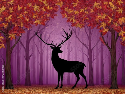Obraz na płótnie Majestic Silhouette of a Deer in a Purple and Red Autumn Forest w salonie