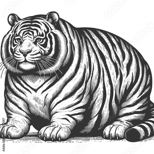 Fat chubby tiger with bold stripes and a playful demeanor, blending humor and artistic detail sketch engraving generative ai vector illustration. Scratch board imitation. Black and white image.