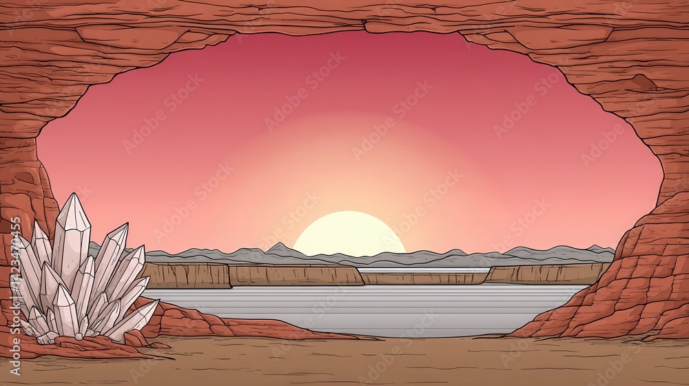 Pink And Orange Desert Sunset View From Cave With Crystals