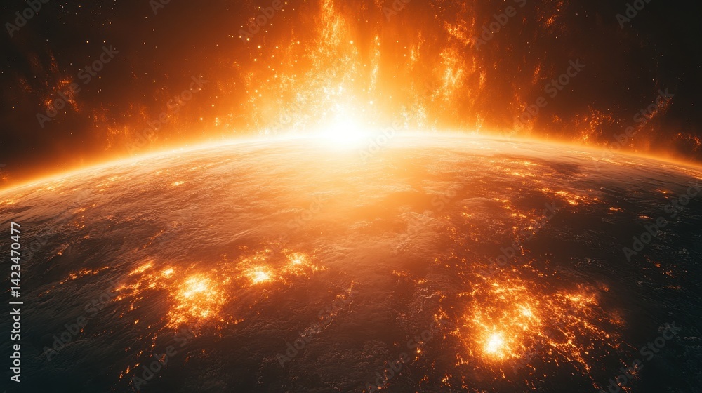 Fiery cataclysm engulfs Earth from space. Fiery cataclysm engulfs Earth from space.