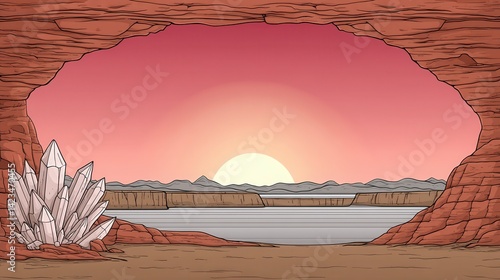 Obraz na płótnie Pink And Orange Desert Sunset View From Cave With Crystals w salonie
