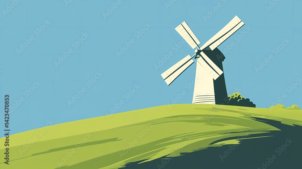 Fototapeta premium Windmill on green hill illustration