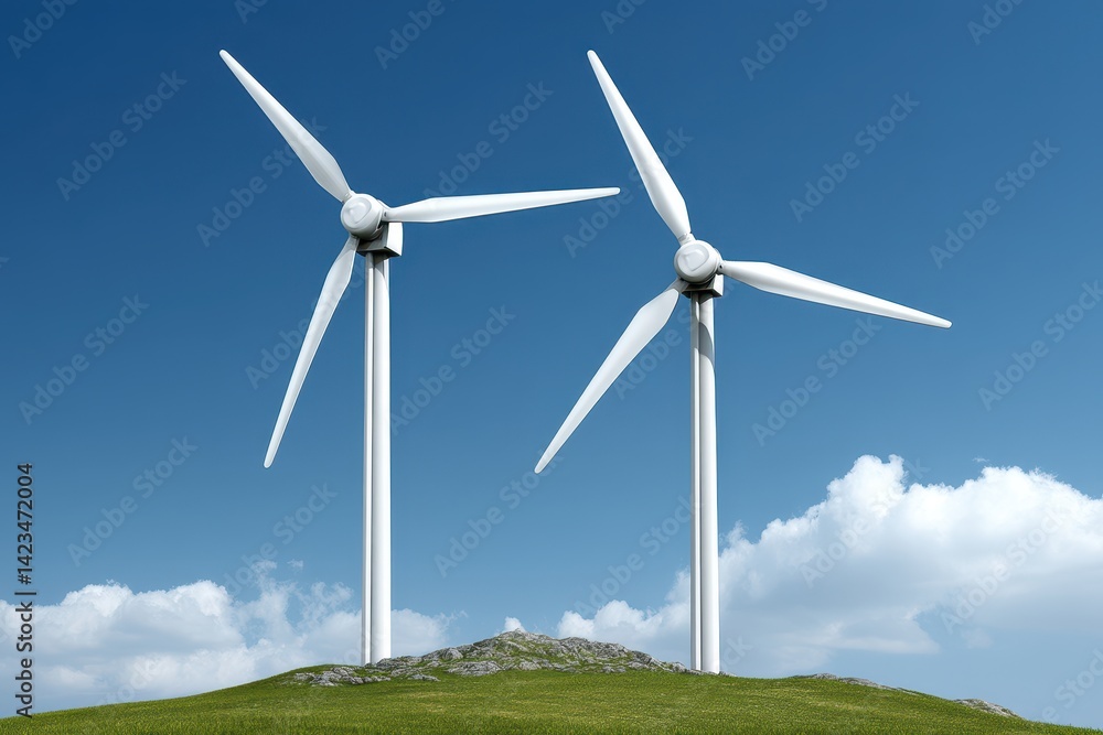 Two White Wind Turbines on a Green Hill Against a Blue Sky