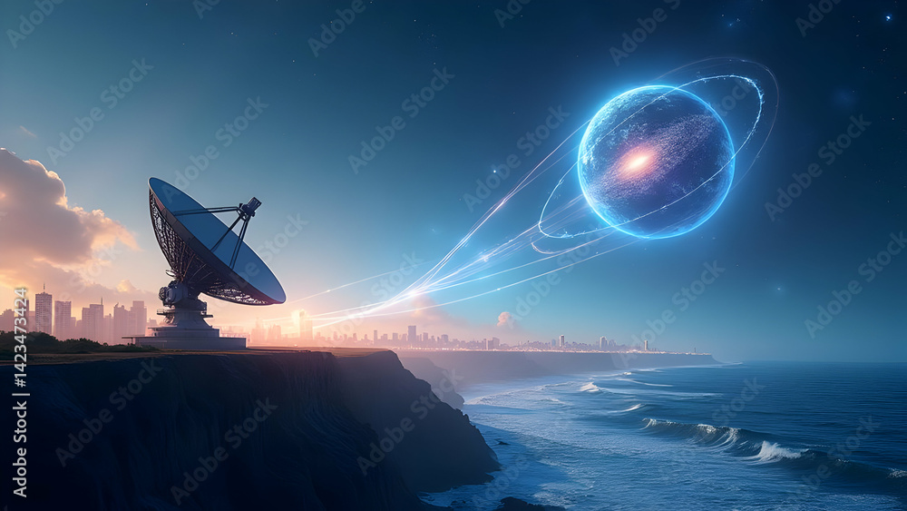 Starlink Satellite Network Over Coastal Cityscape Starlink Satellite Network Over Coastal Cityscape