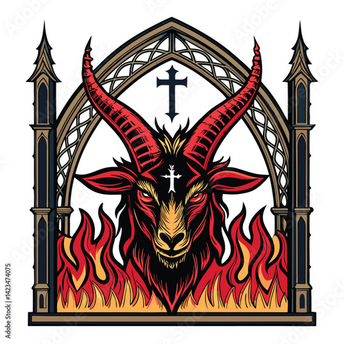 Render a fiery goat skull demon head, engulfed in flames, adorned with an inverted cross, detailed textures and intense lighting.