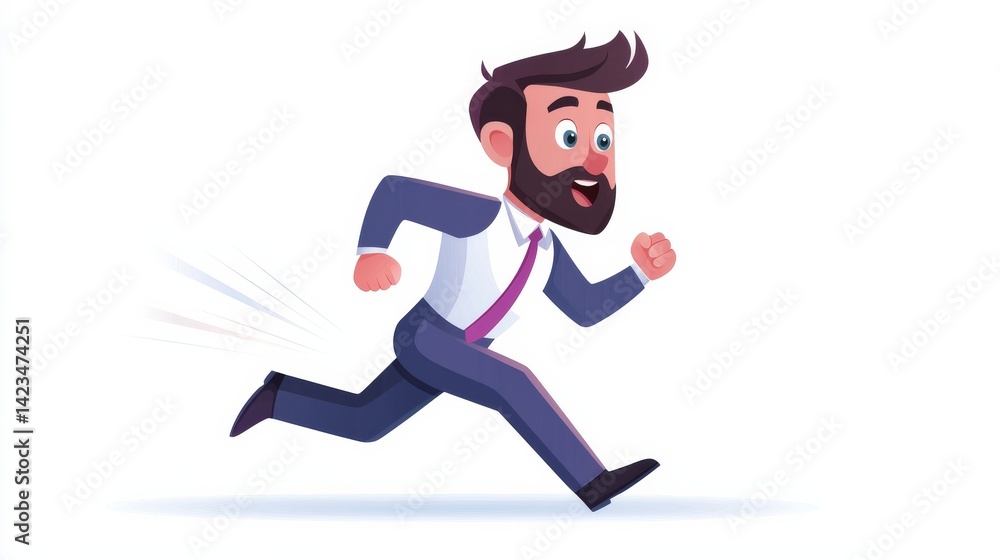 Animated Businessman Running Energetically in Suit and Tie Expressing Enthusiasm against White Background Animated Businessman Running Energetically in Suit and Tie Expressing Enthusiasm against White Background