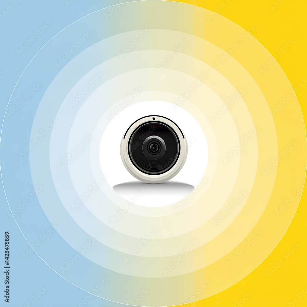 Close up of a portable security camera lens with a background of gradient circular pattern in yellow and blue shades for surveillance and technology theme Close up of a portable security camera lens with a background of gradient circular pattern in yellow and blue shades for surveillance and technology theme