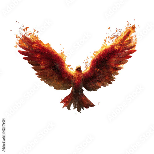 fiery phoenix wings, burning embers, dynamic motion, centered composition, clean 