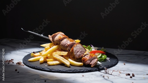 A plate of food with a skewer of meat and french fries. The plate is on a marble countertop