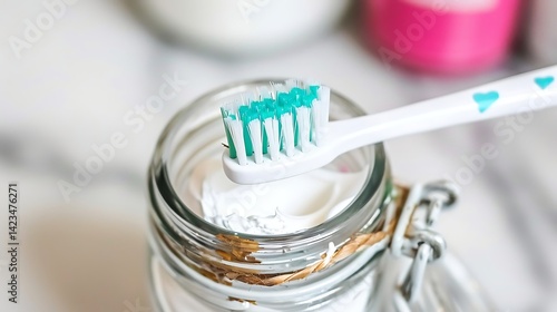 Aesthetic Close-Up of Natural Toothpaste in a Jar with a Toothbrush Detail