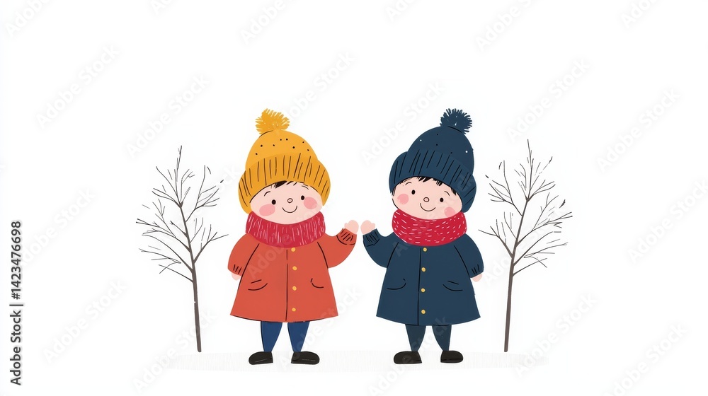 Identical Twin Children Holding Hands in Colorful Winter Clothing Surrounded by Trees in a Snowy Landscape Identical Twin Children Holding Hands in Colorful Winter Clothing Surrounded by Trees in a Snowy Landscape