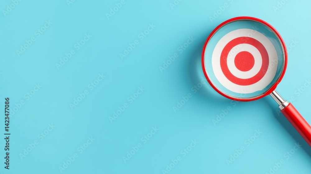 Magnifying Glass with Red Handle Focusing on Circular Target Design on Soft Blue Background Magnifying Glass with Red Handle Focusing on Circular Target Design on Soft Blue Background