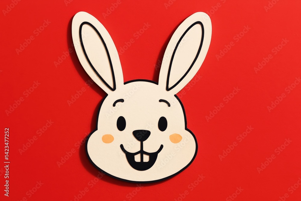 Obraz premium Happy Cartoon Rabbit Portrait Cutout on Red Background, Cute Easter Bunny with Cheerful Smile for Holiday Greetings and Children's Designs