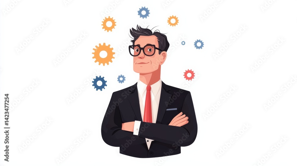 Professional Businessman in Suit with Glasses Surrounded by Colorful Gears Representing Creativity in a Flat Design Professional Businessman in Suit with Glasses Surrounded by Colorful Gears Representing Creativity in a Flat Design