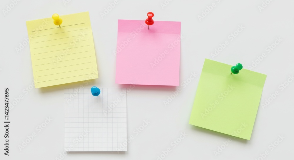 Sticky notes with thumbtacks on board Sticky notes with thumbtacks on board