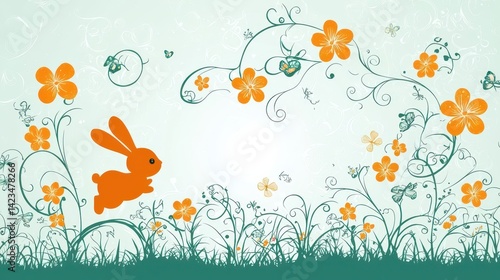 Playful Bunny in a Whimsical Spring Garden with Colorful Flowers and Gentle Hues for a Cheerful Easter Celebration